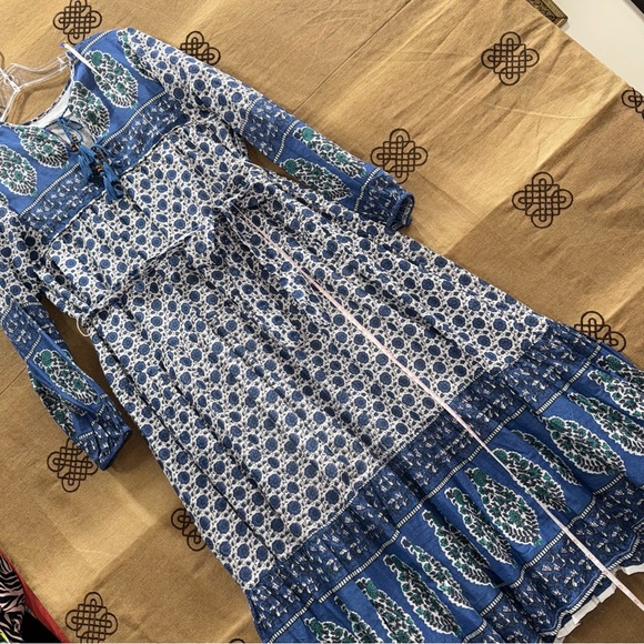 Emerson Fry India Collection Blue&White Paisley Cotton Boho Peasant Midi Dress - Picture 12 of 16